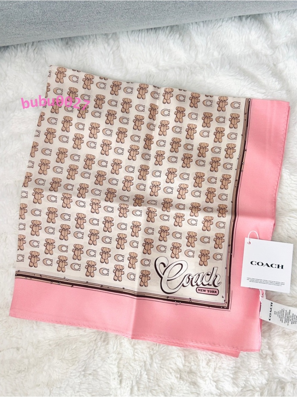 NWT🧸Coach Bear Stuffie Print Silk Bandana Pink CFG32 Hair Scarf Gift 23" x 23"